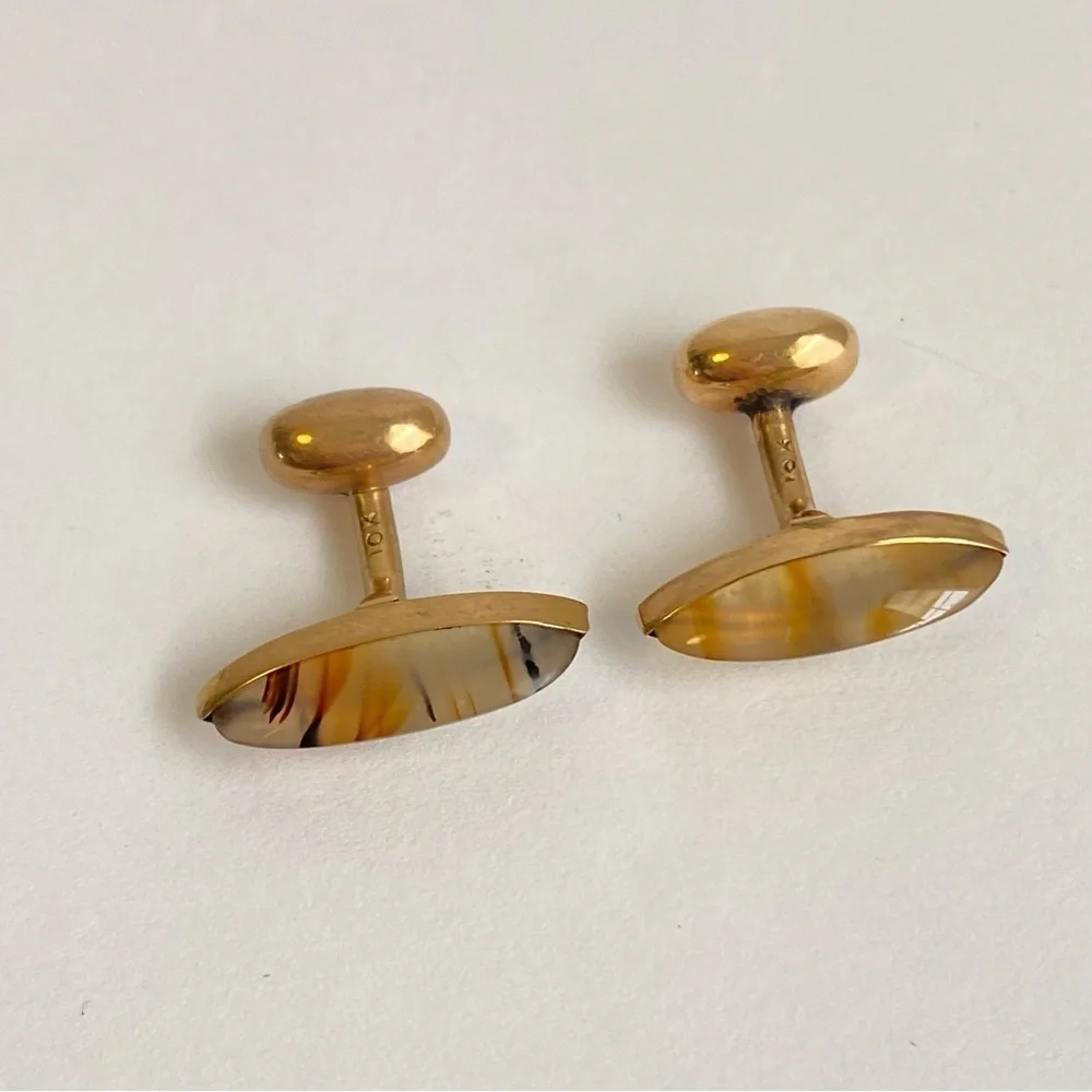 Art Deco‎ 10K Gold Agate Cufflinks Marquis Cut Mens Antique Vintage 40s 50s